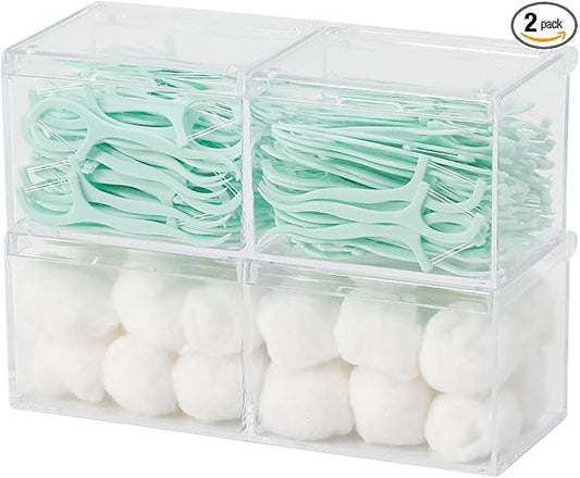 2 Pack Bathroom Container with Divider, Plastic Vanity Storage Canister Jars with Lid for Cotton Balls, Makeup Pads, Cosmetics Sponges, Floss Picks, Clear Desk Drawer Organizer Box