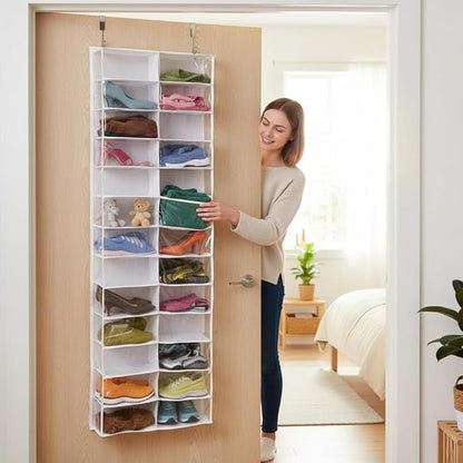 Over The Door Sweatshirt Organizer Hanging Clear Door Shoe Organizer with 26 Pocket Foldable Heavy Duty Toy Storage Over The Hoodie