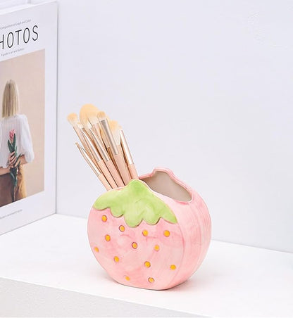 1 PC Ceramic Strawberry Makeup Holder Makeup Organizer Pen Holder Desktop Organizer (Pink)