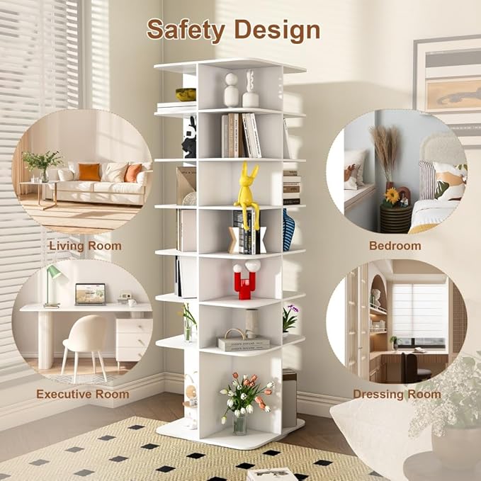 Shoe Organizer 7-Tier Spinning Shoe Rack - 360° Rotating Storage Organizer for 20-30 Pairs, Space Saving Narrow Design for Entryway/Closet Closet Handbag Display Rotate (White + Square)