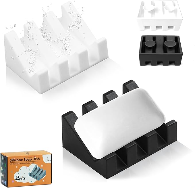 2 Pack Self Draining Silicone Soap Dish with Suction Cups - Non-Slip Bar Soap Holder for Shower & Kitchen, Waterfall Tray Keeps Soap Dry, Easy Clean, Extends Soap Life (Black-White)