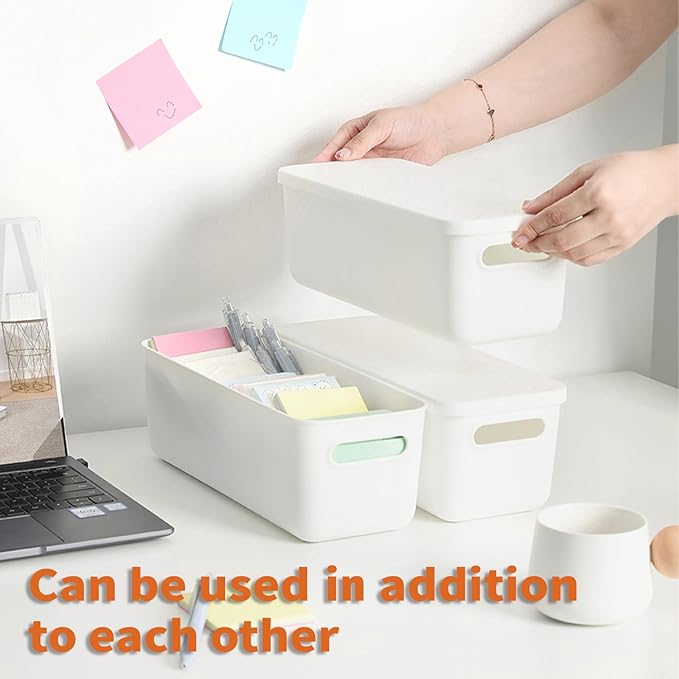 Yishyfier Plastic Storage Baskets With Lid Organizing Container Lidded Knit White Storage Organizer Bins for Shelves Drawers Desktop Playroom Classroom Office (8XS)