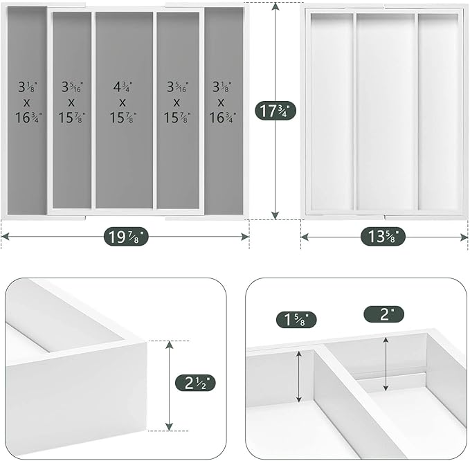 Utensil Organizer for Kitchen Drawers - Bamboo Silverware Tray Expandable 5 Slots Drawer Organizer for Office and Pantry Supplies W13.7-19.9" x L17.6 X H2.5 (White)