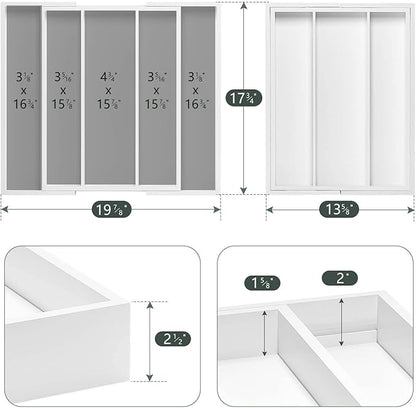 Utensil Organizer for Kitchen Drawers - Bamboo Silverware Tray Expandable 5 Slots Drawer Organizer for Office and Pantry Supplies W13.7-19.9" x L17.6 X H2.5 (White)