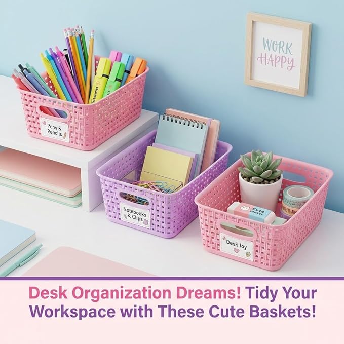 Mixed Color Small Plastic Open Storage Weave Baskets, 6-Pack Versatile Shelf Organizer Woven Baskets for Classrooms, Children's Rooms, and Pantries, Pink/Purple-10x7.5x4 inch
