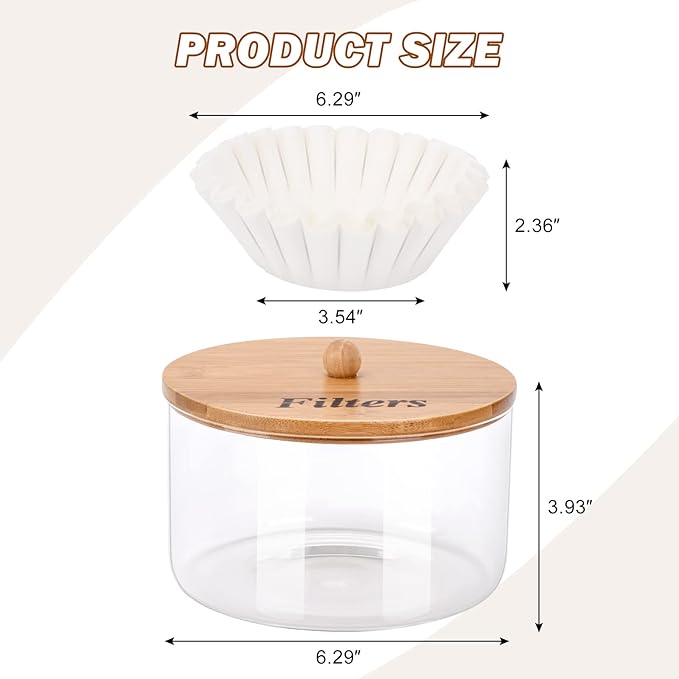 Coffee Filter Holder with Lid,Glass Coffee Filter Storage Container,Coffee Filter Dispenser,Rustic Coffee Filter Organizer Basket,Coffee Filter Container for Counter, Coffee Bar Accessories Decor