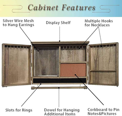Rustic Wall Mounted Jewelry Organizer,Vintage Wooden Hanging Jewelry Holder Box with Barndoor Decor for Necklaces, Earings, Bracelets, Rings, Accessories. Includes Hook Organizer