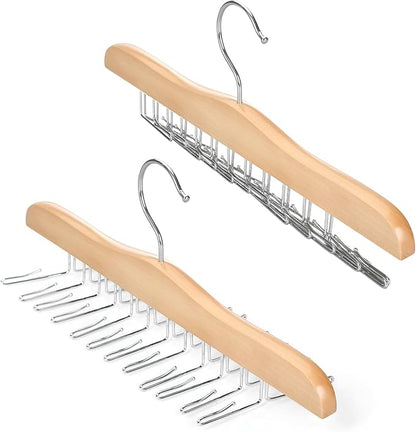 TOPIA HANGER Tie Rack Hanger for Closet 2 Packs, Wooden Tie Organizer for Men with 24 Folding Hooks, Space Saving Necktie Holder for Storage and Display Bra, Tank Top, Camisole (Natural) - CT14N-2