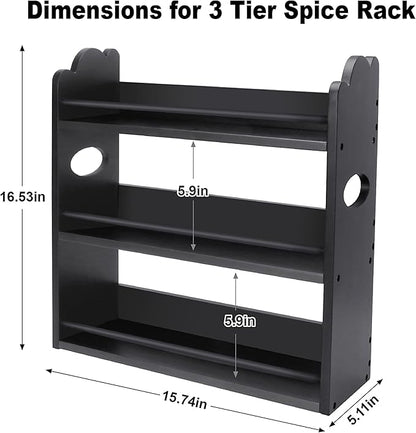 3 Tier Bamboo Spice Rack, Spice Rack Organizer, Seasoning Jars Rack Shelf Spice Organizer for Kitchen Counter or Wall Mounting, Spice Storage Holder with handles, Jars Not Included, Black
