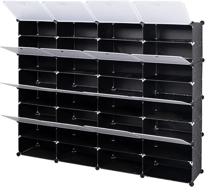 Shoe Rack Organizer, 16 Cube 8 Tier Covered Shoe Storage Cabinet 64 Pairs Freestanding DIY Shoe Shelves Plastic Shoes Rack for Closet Entryway Hallway Bedroom (Black3)