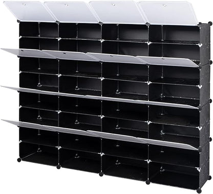 Shoe Rack Organizer, 16 Cube 8 Tier Covered Shoe Storage Cabinet 64 Pairs Freestanding DIY Shoe Shelves Plastic Shoes Rack for Closet Entryway Hallway Bedroom (Black3)