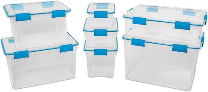 Sterilite 7.5 Qt Gasket Box, Stackable Storage Bin with Latching Lid and Tight Seal, Plastic Container to Organize Basement, Clear Base, Lid, 1-Pack