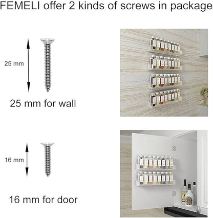 FEMELI Acrylic Wall Mount Spice Rack - 15 Inch, 4 Pack Hanging Spice Rack Shelf for Cabinets, Cupboard or Pantry Door, Kitchen Organizer