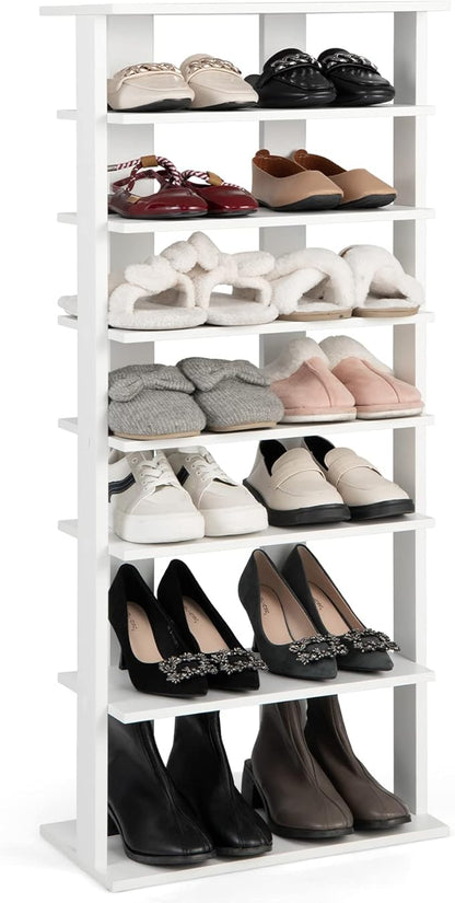 Giantex 8-Tier Wooden Shoe Rack, Patented Double Row Shoe Organizer for 16 Pairs, Customizable Height, Space-Saving Shoe Storage Stand for Entryway, Hallway, Living Room, Bedroom (White, Double)