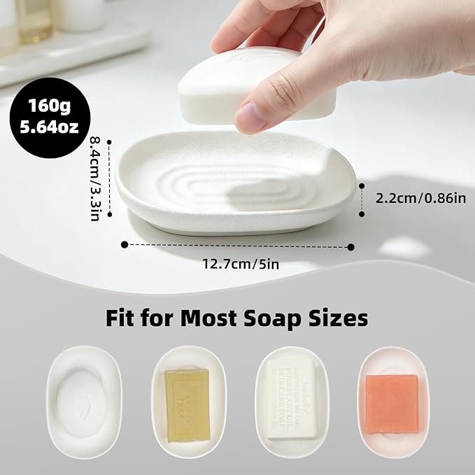Ceramic Soap Dishes for Bar Soap- Matte White Textured Finish Bar Soap Holder for Bathroom Kitchen Sink & Shower - Easy to Clean Simple Oval Soap Dish Soap Tray for Soap Bars, Sponges, Jewelry