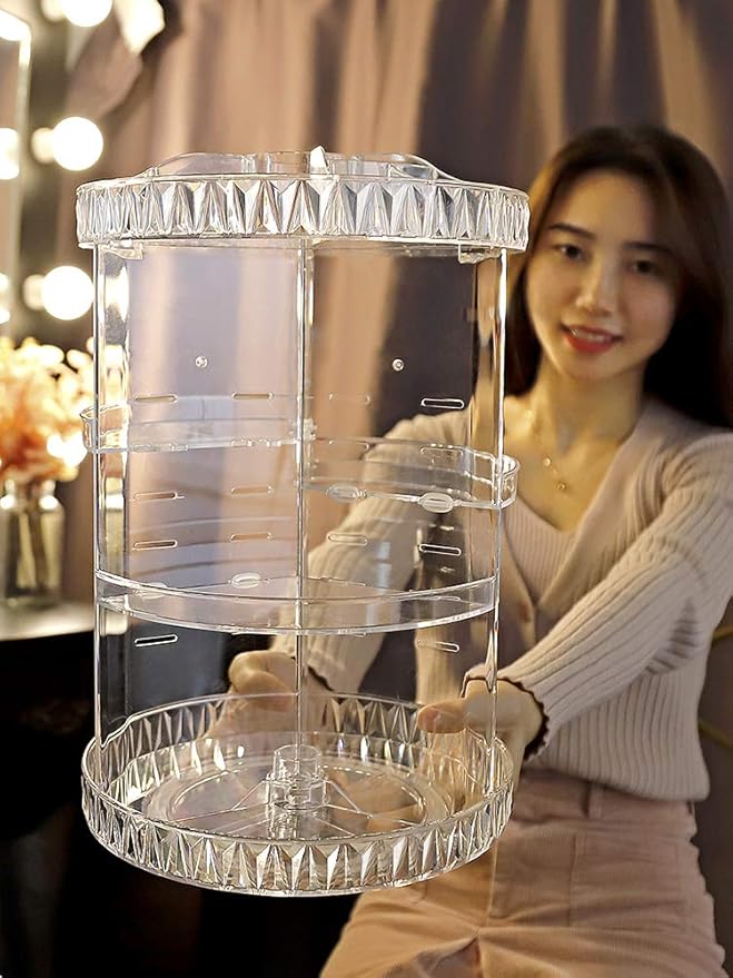 PJLANDI Acrylic 360 Rotating Makeup Organizer, Cosmetic Storage holder shelf rack Perfume in Bathroom Dresser Diamond Pattern for skin care stand