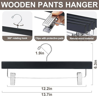 BAGAIL 20 Pack Wooden Pants Hangers with Adjustable Clips, 360°Swivel Hook Space Saving Skirt Holders with Anti-Rust Clips for Trousers, Jeans, Shorts (Black)