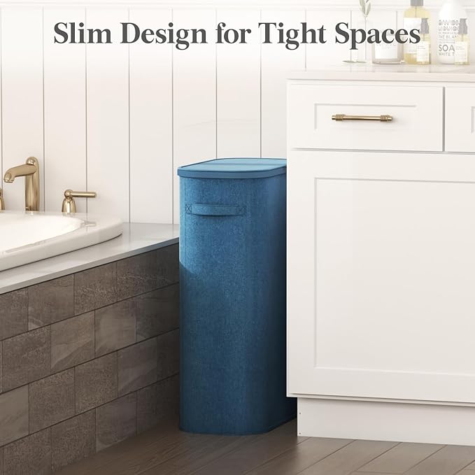 Lifewit Slim Laundry Basket with Lid, Narrow Large Laundry Hamper with Plastic Handles and Removable Bag, Tall Foldable Dirty Clothes Hampers for Laundry Room, Bedroom, Bathroom, Dorm, 65L Dark Blue