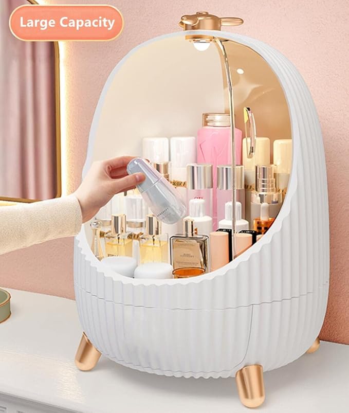 Make up Organizers and Storage Box with Lid and Led Light, Waterproof & Dustproof Skincare Organizer Cosmetic Display Cases for Vanity, Dresser, Countertop, White
