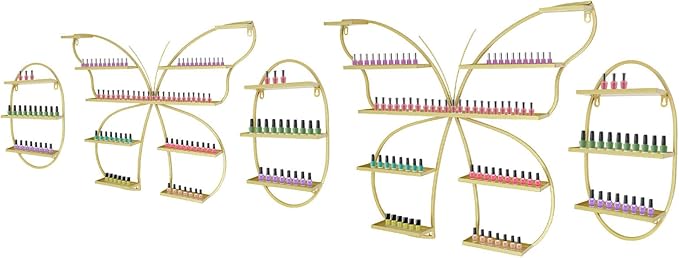 Butterfly Wall-Mounted Nail Polish Rack Set of 5-11LBs/Rack Capacity, Adjustable Cosmetic Display for Salon & Home Spa (Gold)