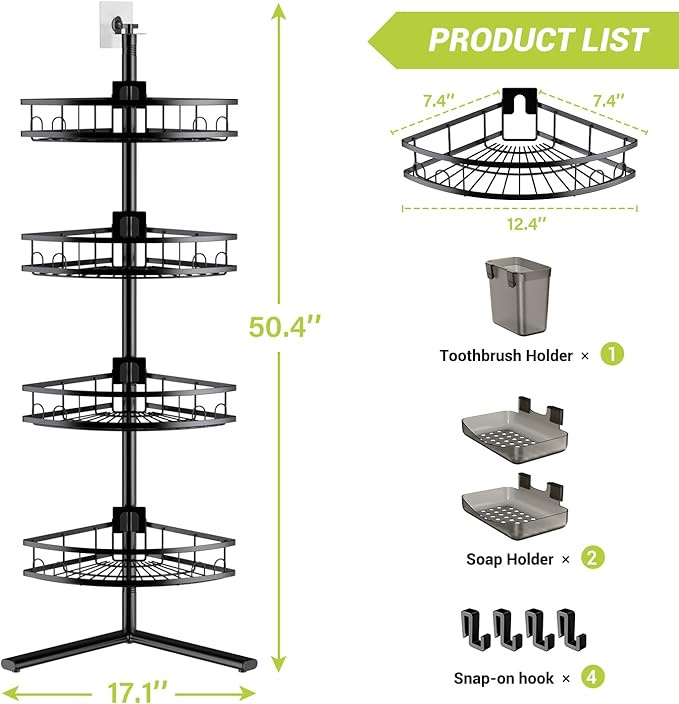 Aitatty Corner Shower Caddy Standing: 4-tier Rustproof Shower Organizer Shelf - Floor Shower Corner Shelf Rack Stand for Bathroom Black