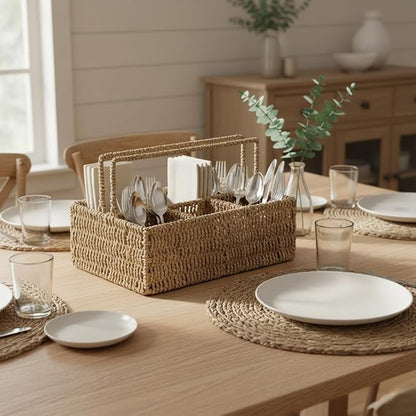 PEMAR Large L-Sized Hand Woven Utensil Caddy Carrier, Natural Jute Wicker Condiment Holder for Table, Kitchen Set Counter Top Silverware Organizer, Rustic Storage for Forks, Spoons, Seagrass