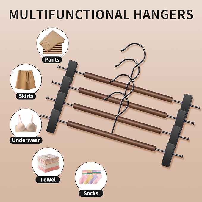 Wooden Pants Hangers with Clips 20 Pack Adjustable Wood Skirt Hangers for Women&Men Space Saving Closet Non Slip Clothes Hanger for Jeans,Trousers,Short,12Inch Brown