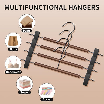 Wooden Pants Hangers with Clips 20 Pack Adjustable Wood Skirt Hangers for Women&Men Space Saving Closet Non Slip Clothes Hanger for Jeans,Trousers,Short,12Inch Brown