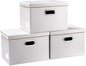 PRANDOM Collapsible Storage Bins with Lids [3-Pack] Leather Fabric Foldable Storage Boxes Organizer Containers Baskets Cube with Cover for Bedroom Closet Office Nursery White (14.9x10.8x10)