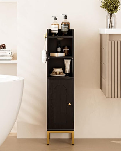 Bathroom Storage Cabinet, Small Corner Floor Hutch with 2Hooks,Narrow Toilet Paper Cabinet with Adjustable Shelf,Morden Bathroom Organizer for Small Spaces,Black