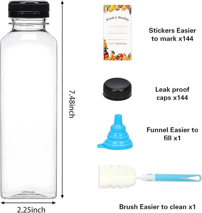 Moretoes 144pcs 16oz Plastic Juice Bottles with Lids, Reusable Clear Bulk Juice Containers with Caps for Juicing, Smoothies, Drinking and Other Beverages