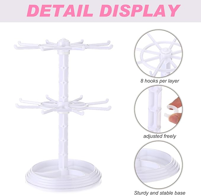2 Pack Keychain Display Stand Rotating Jewelry 2 Tier Necklace Holder Plastic Spinning Bracelet Hanging Organizer Rotating Rack Earring Bracelet Stands for Vendors Malls Counter Dressing Table