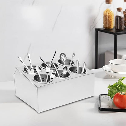 Commercial Utensil Holder, Commercial 6-Hole Stainless Steel Cylinder Flatware Silverware Utensil Holder Compact Cutlery Organizer Countertop Silverware Organizer for Restaurant (6-Hole)