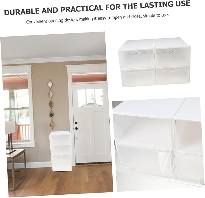 VILLCASE 4pcs Thickened Transparent Plastic Shoe Boxes Home Use Dustproof Shoe Storage Holders with White Frame Stackable Organizer Containers
