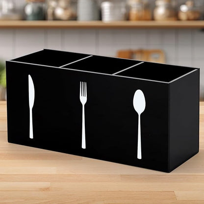 Hxezoc Black Acrylic Cutlery Storage Organizer, Plastic Silverware Caddy 3 Section Tableware Holder for Kitchen Indoor Outdoor Decoration Supplies