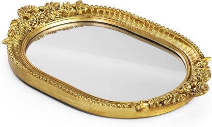 GUOER Vintage Antique Decorative Bathroom Vanity Tray Decor Mirror Tray for Dessert Table Coffee Table Vanity Home Decor Serving Tray with Handle Gold