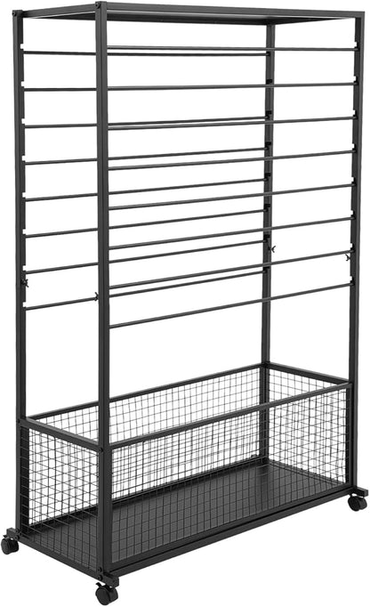 Double-Sided 16 Tier Ribbon Rack, Large Capacity Rolling Ribbon Wrapping Paper Organizer w/Top Shelf & Basket, Movable Metal Storage Cart for Home Retail Studio, 39"x13"x59" (Black)