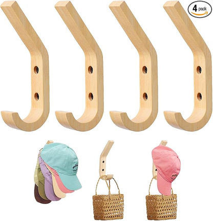 Daily Treasures 4 Pack Hats Storage Wall Mounted,Wooden Hat Rack Hook,Double Hook Design Wall Mounted for Coat,Adhesive/Wall Caps Holder Drilled for Door, Bedroom, Closet（Beech Wood）
