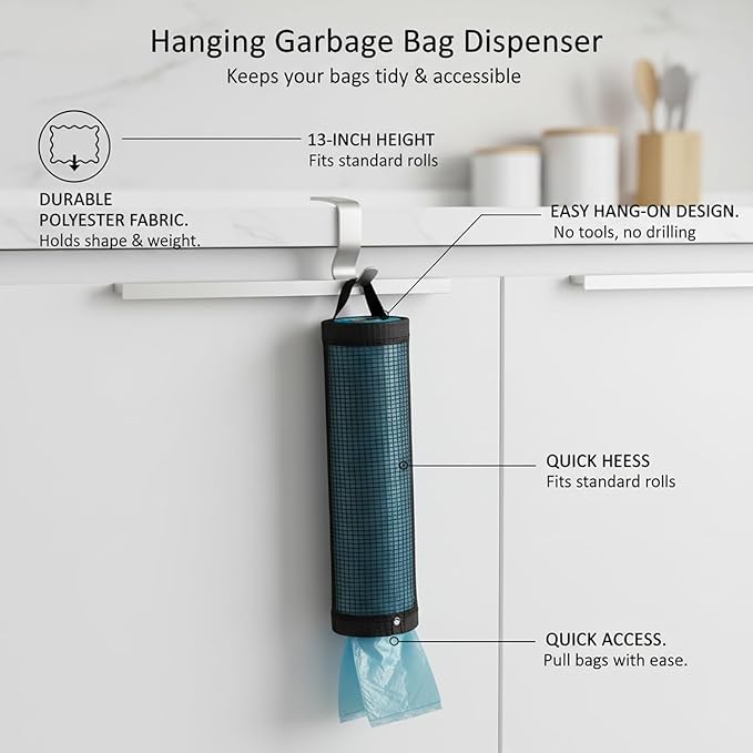 Hanging Garbage Bag Dispenser, Polyester Cabinet Door Organizer for Standard Rolls, 13-Inch Height (1 PC)