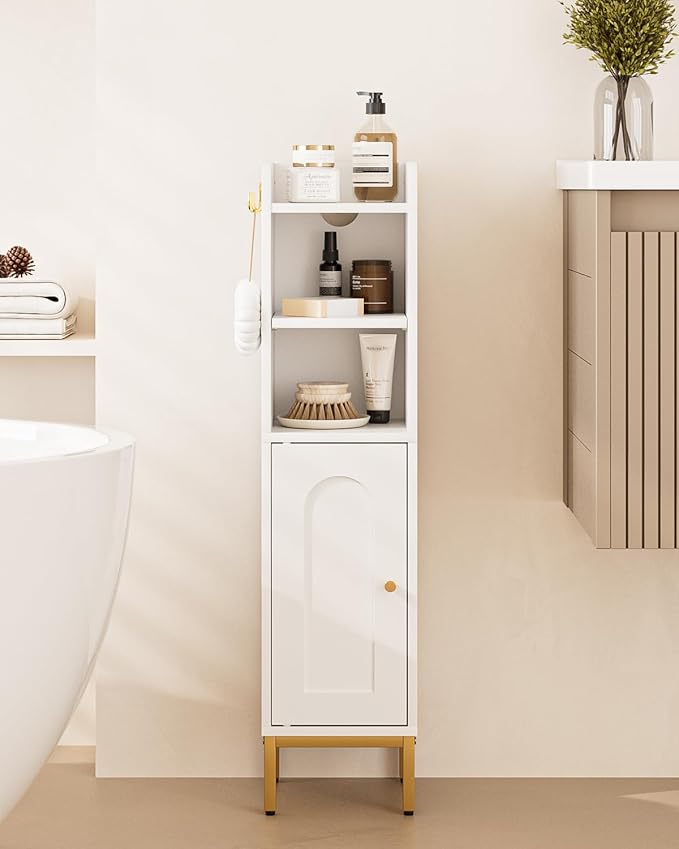 Bathroom Storage Cabinet, Small Corner Floor Hutch with Door and Adjustable Shelves, Narrow Toilet Paper Cabinet with Two Hooks, Bathroom Organizer for Small Spaces