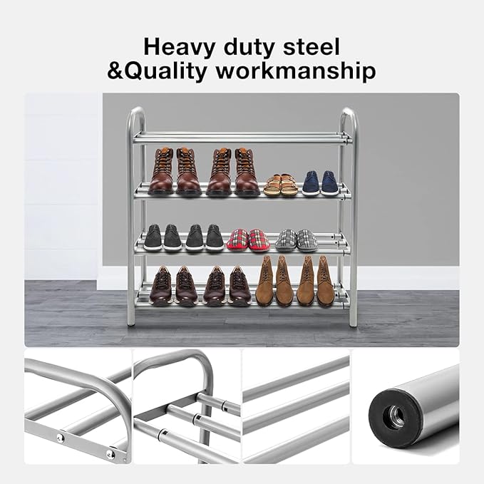 4 Tier Extendable Long Shoe Rack for Closet Shoe Organiser Strong and Sturdy Heavy Duty Metal Shoe Shelf Holds 20+ Pairs (60-100) x 22,5 x 61,5 cm