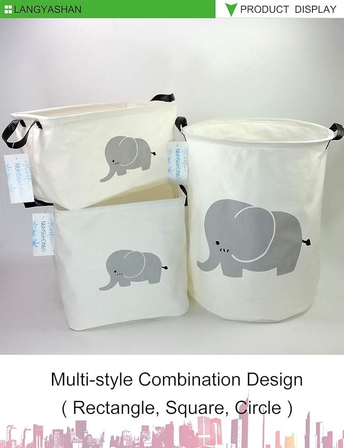 Laundry Basket Canvas Fabric Collapsible Organizer Basket for Storage Bin Toy Bins Gift Baskets Bedroom Clothes Children Nursery Hamper (Elephant)