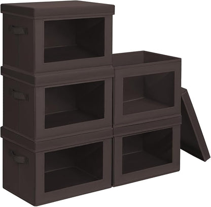 Homsorout Stackable Storage Bins with Lids - Medium Storage Box with Lids, Foldable Closet Boxes for Organizing, Wardrobe Clothes Organizer with Window, Cubes Bins for Living Room, 5 Pack, Brown