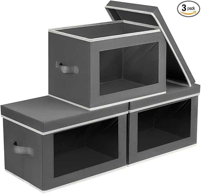 Homsorout Storage Bins with Lids - Fabric Storage Boxe with Window, Collapsible Closet Organizers with Handles, 3 Pack Decorative Bin, Home Cubes Baskets for Clothes, Hat, Books, Dark Grey