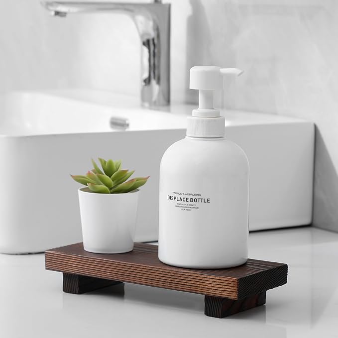 Bathroom Counter Organizer Wood Pedestal Stand Farmhouse Decorative Tray Soap Holder for Kitchen Decor, Small, Dark Brown