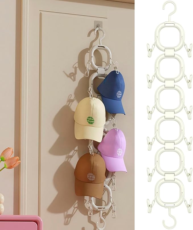 Hat Organizer Storage for Baseball Caps Hat Rack Small Space Organization for Wall and Cloeset Multi-Functional Hanger Hold up to 12 Hats 6 Scarf for Closet Door Bedroom (White - 6 Loops)