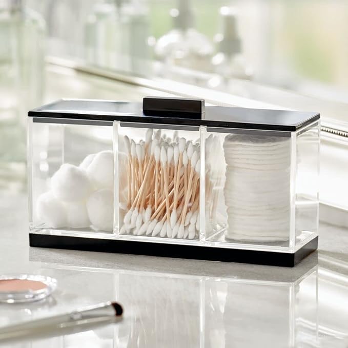 mDesign Cosmetic Divided Organizer Storage Canister Box with 3 Sections and Lid for Bathroom Vanity Countertop - Holder for Cotton Swabs, Perfume, Lipstick - Lumiere Collection - Clear/Black