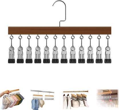 Closet Organizer with 10 Clips, Space Saving Hanging Closet Organizer, Legging Hanger for Closet Organizer with 10 Clip for Storing Jeans, Legging, Shorts (Vintage-12 Clips, 1PC)