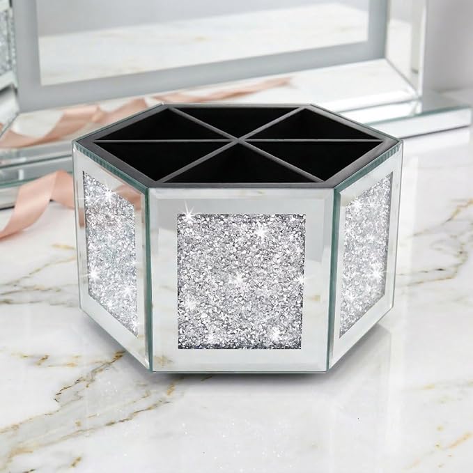 Rotatable Multifunctional Jewelry Utensil Holder Hexagon Jewelry Make up Organizer Cups Crush Diamond Mirror Decor, brush/office pen cup holder Eyeliners Display Case for Vanity