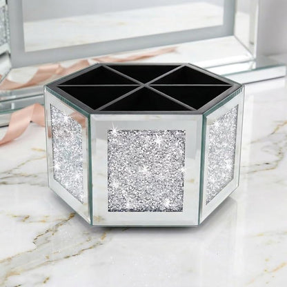 Rotatable Multifunctional Jewelry Utensil Holder Hexagon Jewelry Make up Organizer Cups Crush Diamond Mirror Decor, brush/office pen cup holder Eyeliners Display Case for Vanity